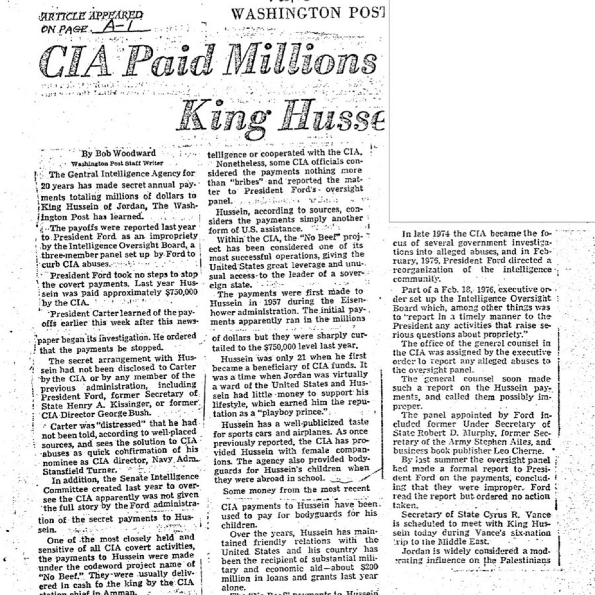 الملك حسين تلقى راتبًا من وكالة المخابرات المركزية الاميركية  ‏بوب وودورد من صحيفة واشنطن بوست في 17